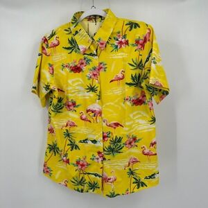 SSLR Womens Tropical Flamingo Hawaiian Top Size M Yellow Island Aloha Camp Shirt